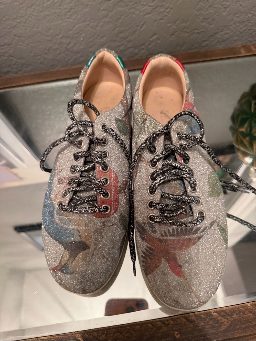 Gucci Glitter Bird-Print Lace-Up Sneakers in Silver with Red & Green Accents